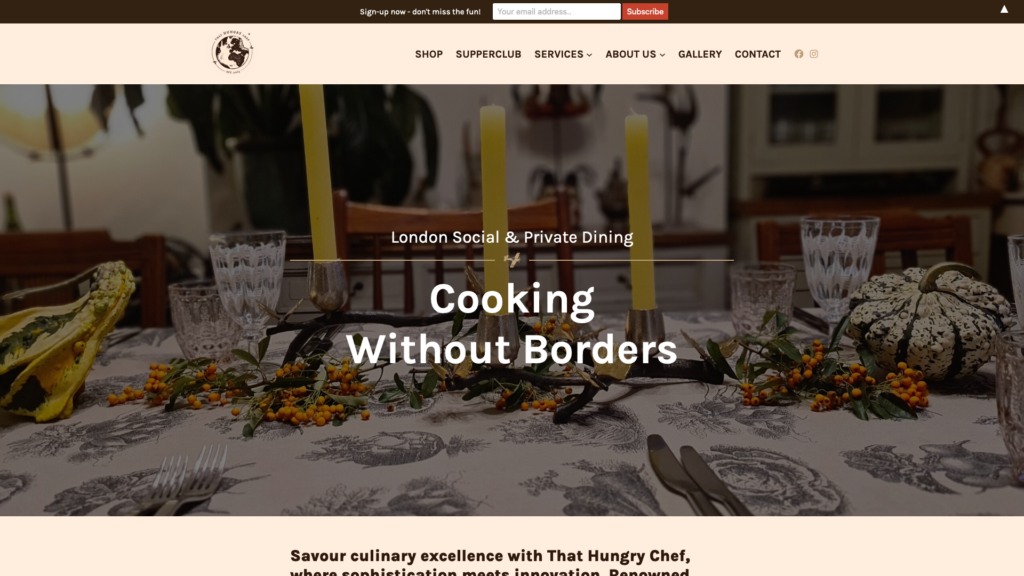 Screenshot of thathungrychef.com refreshed homepage featuring the text "London Social & Private Fine Dining" over a large background photo of a table decorated with candles, colorful berries on on leafy sprigs, and decorative squash.